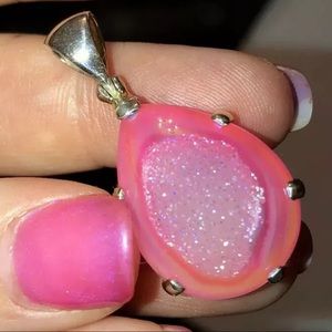 Teardrop Pink Druzy Agate Sterling Silver Pendant